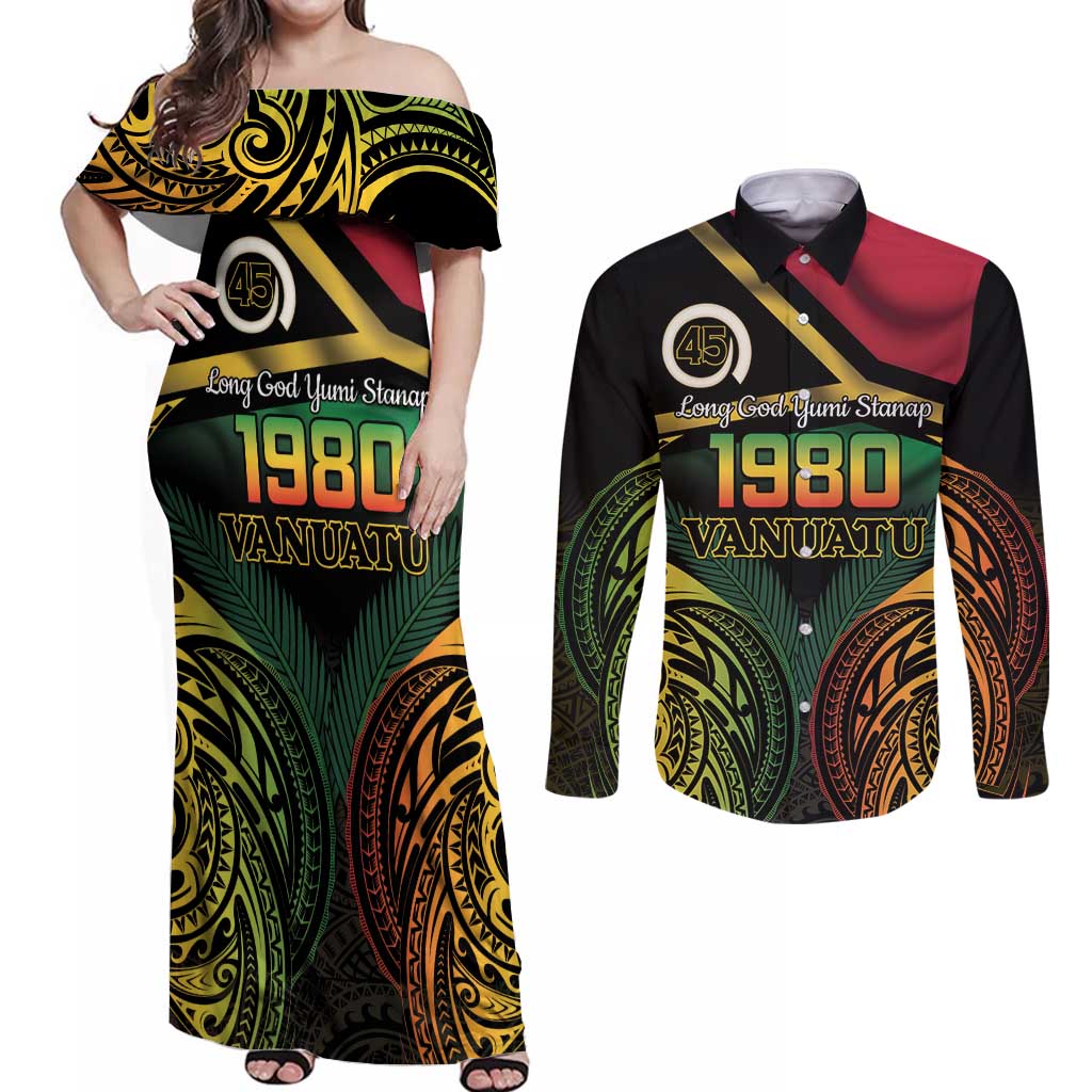 Vanuatu 1980 Couples Matching Off Shoulder Maxi Dress and Long Sleeve Button Shirt Hapi 45 Yia Indipendens Anivesari