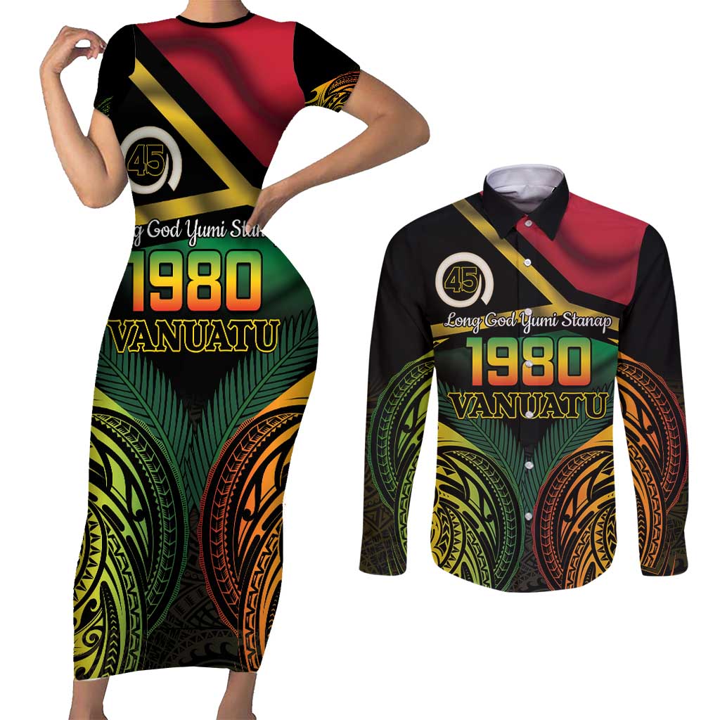 Vanuatu 1980 Couples Matching Short Sleeve Bodycon Dress and Long Sleeve Button Shirt Hapi 45 Yia Indipendens Anivesari