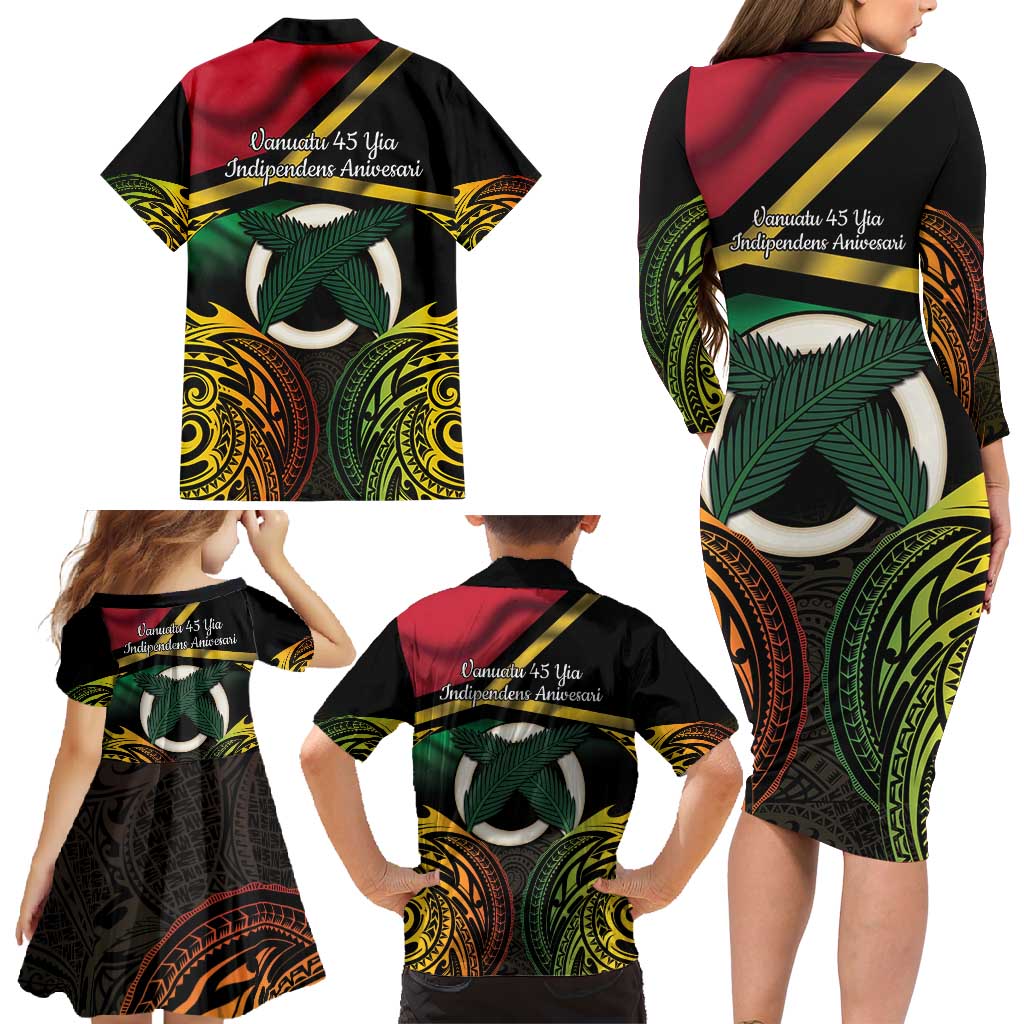 Vanuatu 1980 Family Matching Long Sleeve Bodycon Dress and Hawaiian Shirt Hapi 45 Yia Indipendens Anivesari