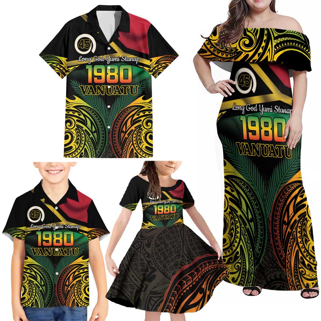 Vanuatu 1980 Family Matching Off Shoulder Maxi Dress and Hawaiian Shirt Hapi 45 Yia Indipendens Anivesari