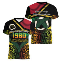 Vanuatu 1980 Women V-Neck T-Shirt Hapi 45 Yia Indipendens Anivesari
