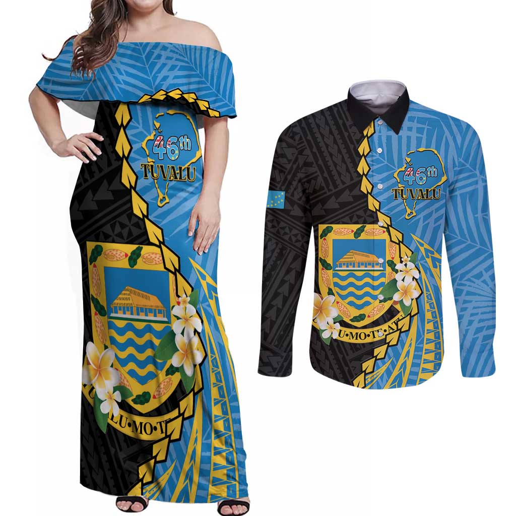 Tuvalu Independence Day Couples Matching Off Shoulder Maxi Dress and Long Sleeve Button Shirt Manuia te tutokotasi o Tuvaluan Dolphin Tattoo LT14 Blue - Polynesian Pride