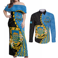 Tuvalu Independence Day Couples Matching Off Shoulder Maxi Dress and Long Sleeve Button Shirt Manuia te tutokotasi o Tuvaluan Dolphin Tattoo LT14 Blue - Polynesian Pride