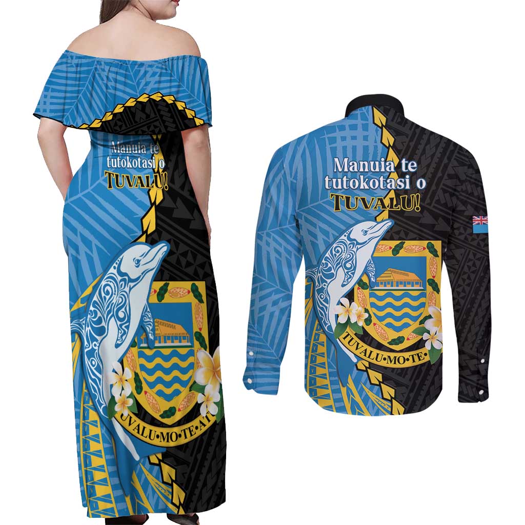 Tuvalu Independence Day Couples Matching Off Shoulder Maxi Dress and Long Sleeve Button Shirt Manuia te tutokotasi o Tuvaluan Dolphin Tattoo LT14 - Polynesian Pride