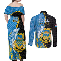 Tuvalu Independence Day Couples Matching Off Shoulder Maxi Dress and Long Sleeve Button Shirt Manuia te tutokotasi o Tuvaluan Dolphin Tattoo LT14 - Polynesian Pride