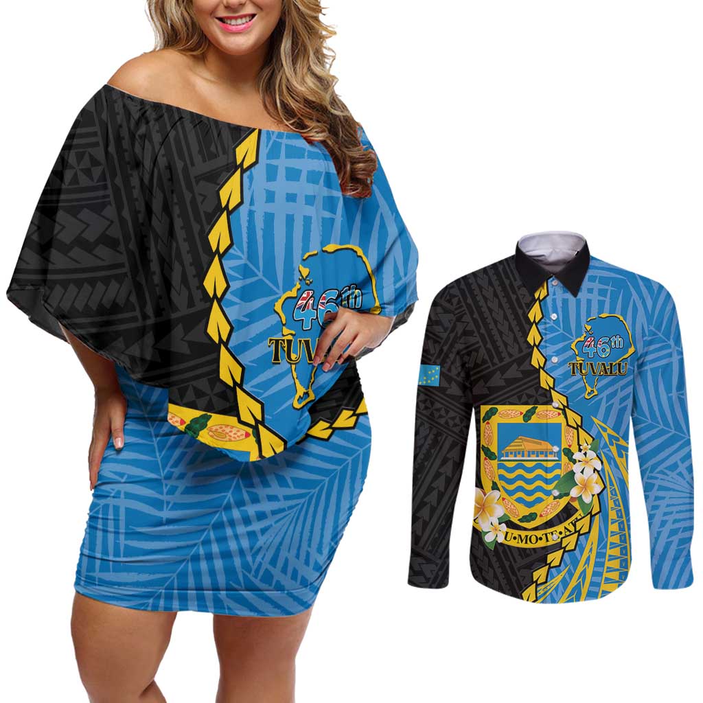 Tuvalu Independence Day Couples Matching Off Shoulder Short Dress and Long Sleeve Button Shirt Manuia te tutokotasi o Tuvaluan Dolphin Tattoo LT14 Blue - Polynesian Pride