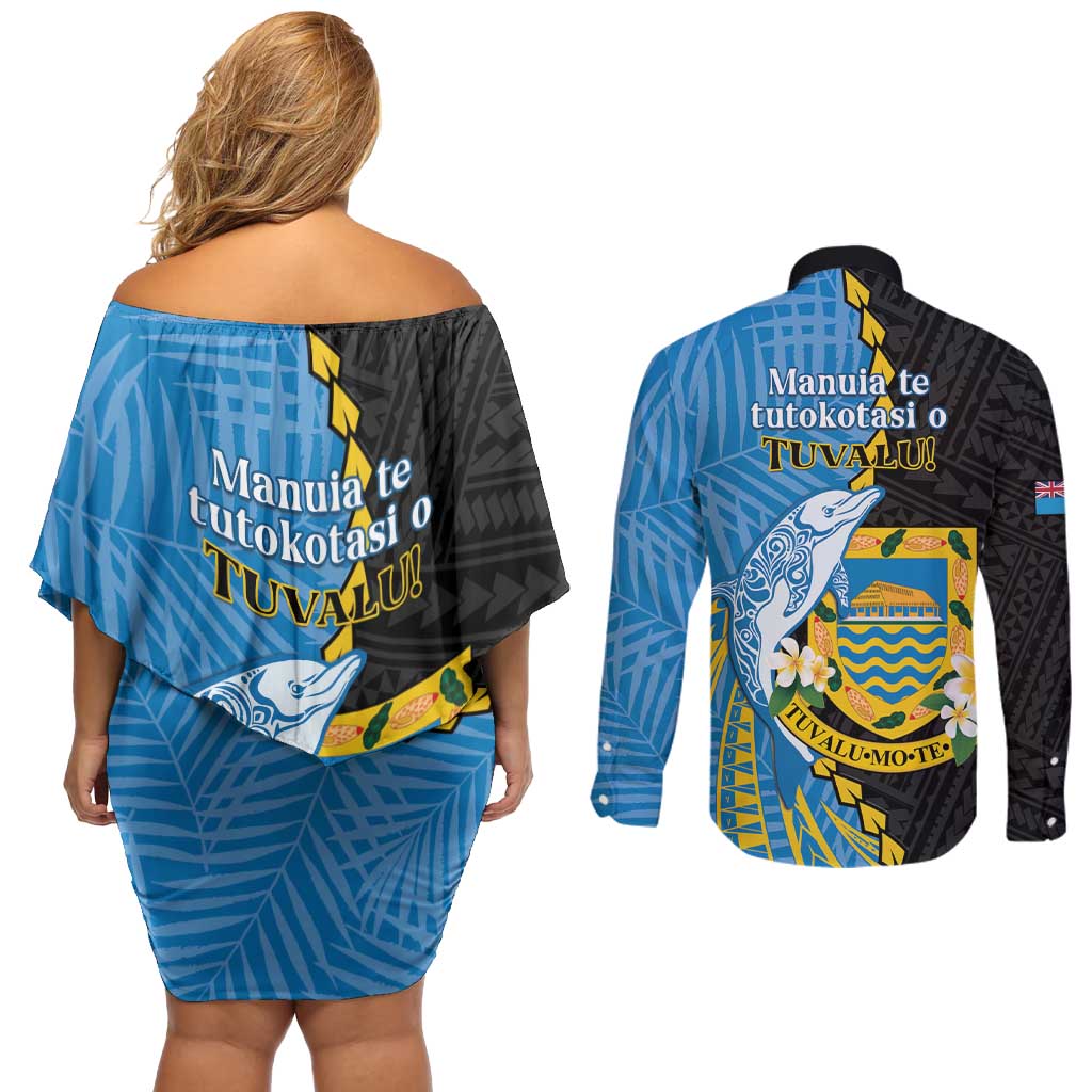 Tuvalu Independence Day Couples Matching Off Shoulder Short Dress and Long Sleeve Button Shirt Manuia te tutokotasi o Tuvaluan Dolphin Tattoo LT14 - Polynesian Pride