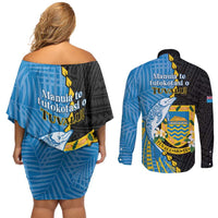 Tuvalu Independence Day Couples Matching Off Shoulder Short Dress and Long Sleeve Button Shirt Manuia te tutokotasi o Tuvaluan Dolphin Tattoo LT14 - Polynesian Pride