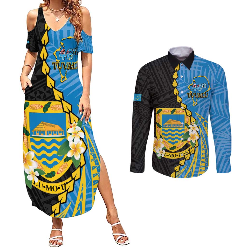 Tuvalu Independence Day Couples Matching Summer Maxi Dress and Long Sleeve Button Shirt Manuia te tutokotasi o Tuvaluan Dolphin Tattoo LT14 Blue - Polynesian Pride