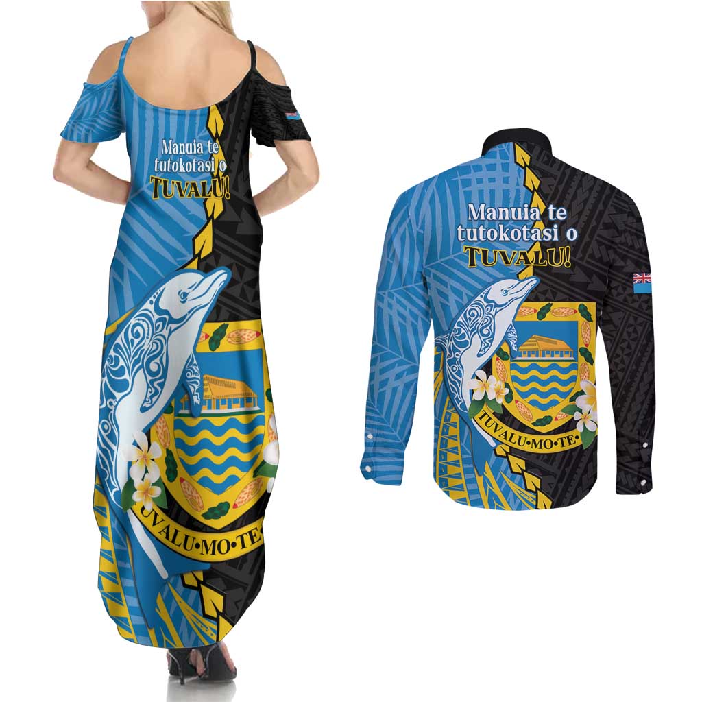 Tuvalu Independence Day Couples Matching Summer Maxi Dress and Long Sleeve Button Shirt Manuia te tutokotasi o Tuvaluan Dolphin Tattoo LT14 - Polynesian Pride