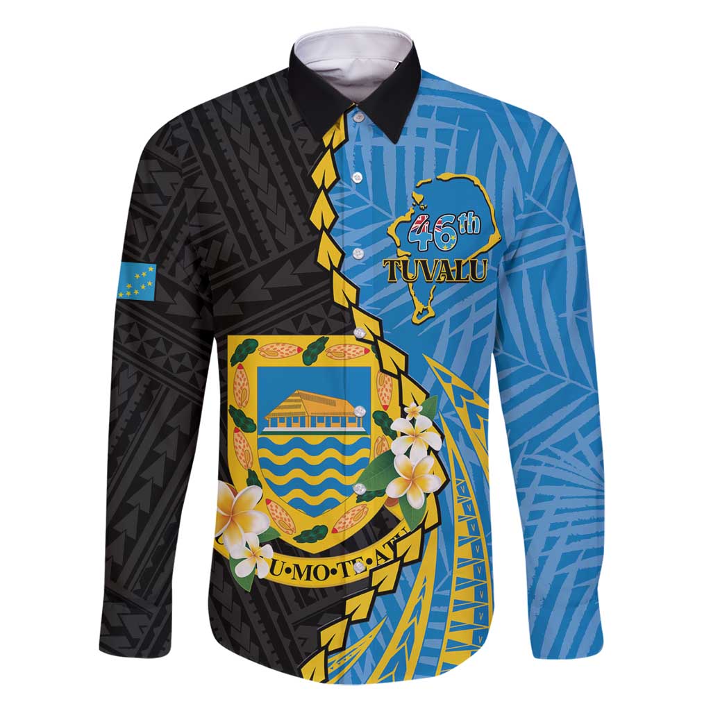 Tuvalu Independence Day Family Matching Off Shoulder Maxi Dress and Hawaiian Shirt Manuia te tutokotasi o Tuvaluan Dolphin Tattoo LT14 Dad's Shirt - Long Sleeve Blue - Polynesian Pride