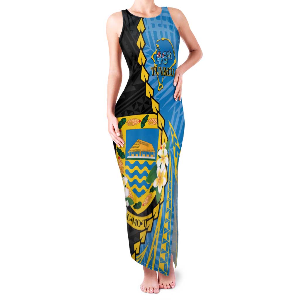 Tuvalu Independence Day Family Matching Tank Maxi Dress and Hawaiian Shirt Manuia te tutokotasi o Tuvaluan Dolphin Tattoo LT14 Mom's Dress Blue - Polynesian Pride