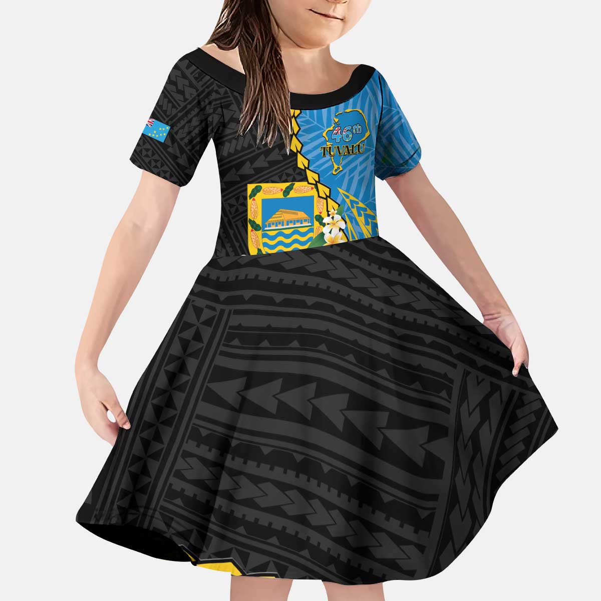 Tuvalu Independence Day Kid Short Sleeve Dress Manuia te tutokotasi o Tuvaluan Dolphin Tattoo LT14 KID Blue - Polynesian Pride