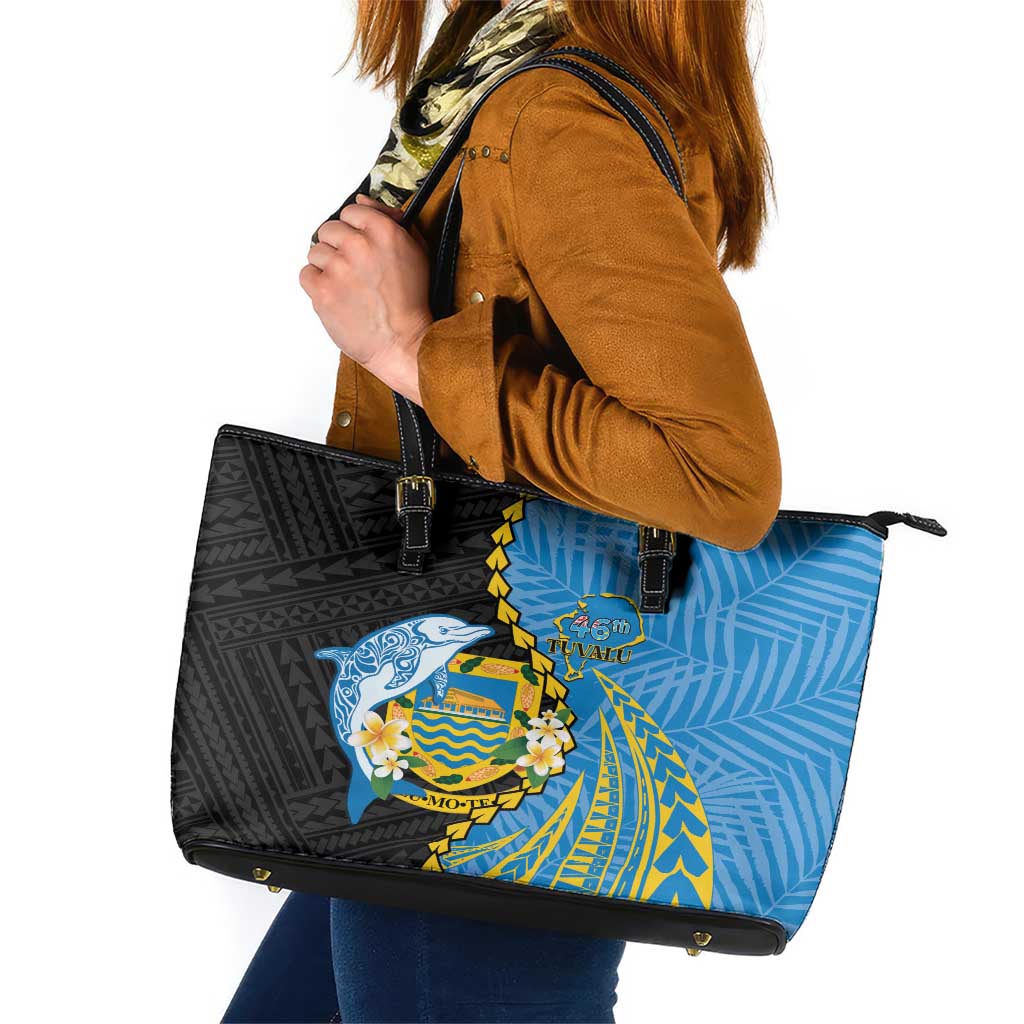 Tuvalu Independence Day Leather Tote Bag Manuia te tutokotasi o Tuvaluan Dolphin Tattoo LT14 Blue - Polynesian Pride