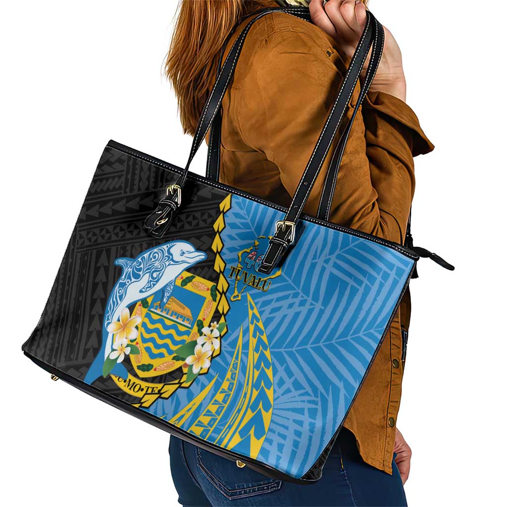 Tuvalu Independence Day Leather Tote Bag Manuia te tutokotasi o Tuvaluan Dolphin Tattoo LT14 - Polynesian Pride