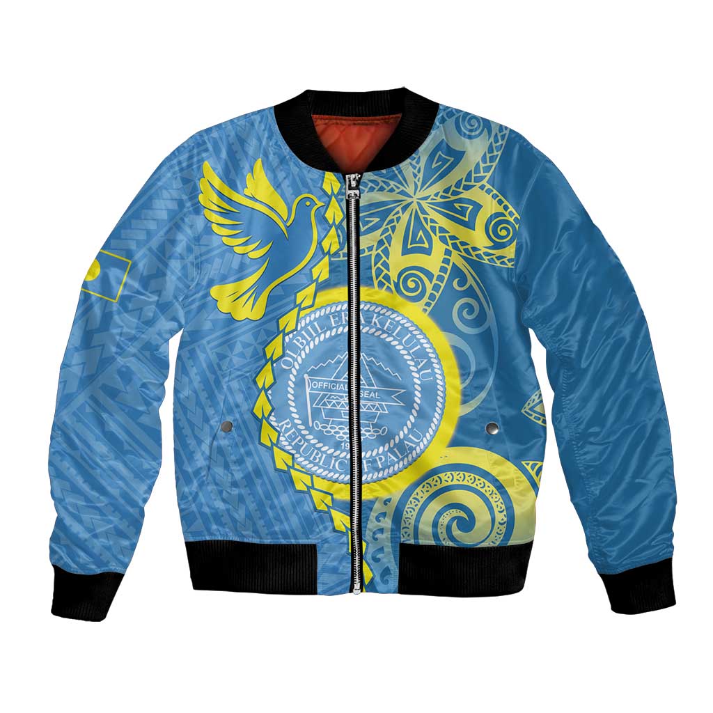 Personalised Palau Independence Day Bomber Jacket Belau Coat Of Arms Polynesian Curve Style