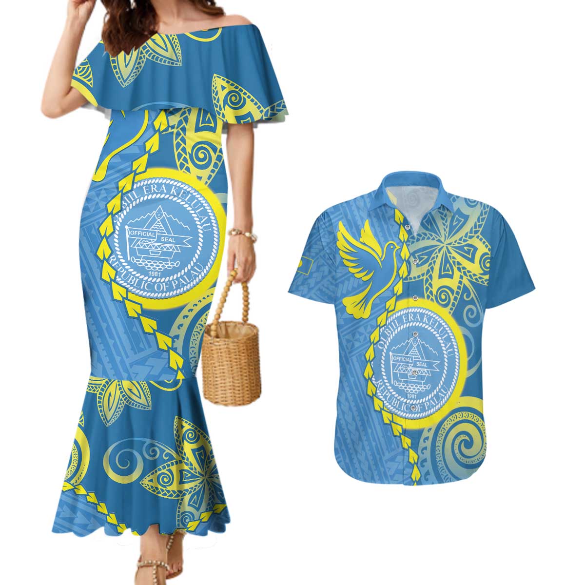 Personalised Palau Independence Day Couples Matching Mermaid Dress and Hawaiian Shirt Belau Coat Of Arms Polynesian Curve Style