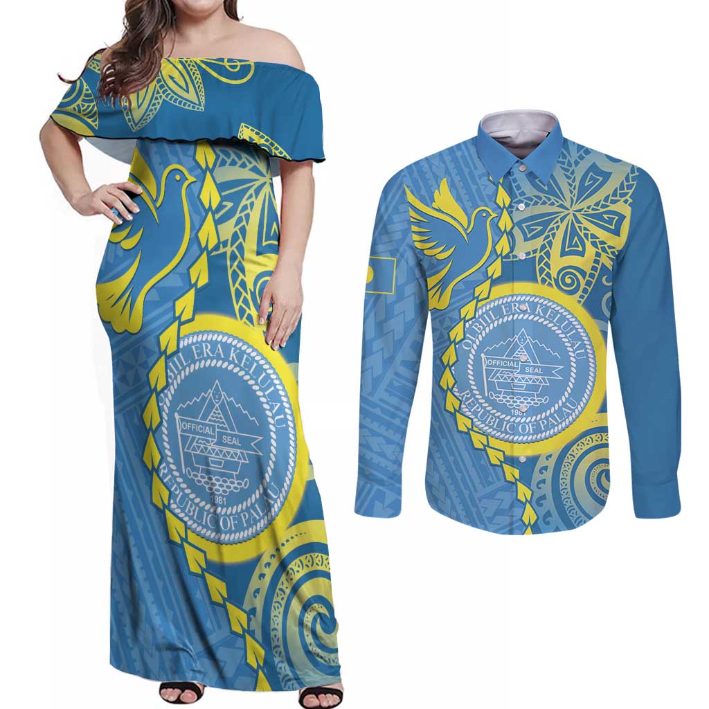 Personalised Palau Independence Day Couples Matching Off Shoulder Maxi Dress and Long Sleeve Button Shirt Belau Coat Of Arms Polynesian Curve Style