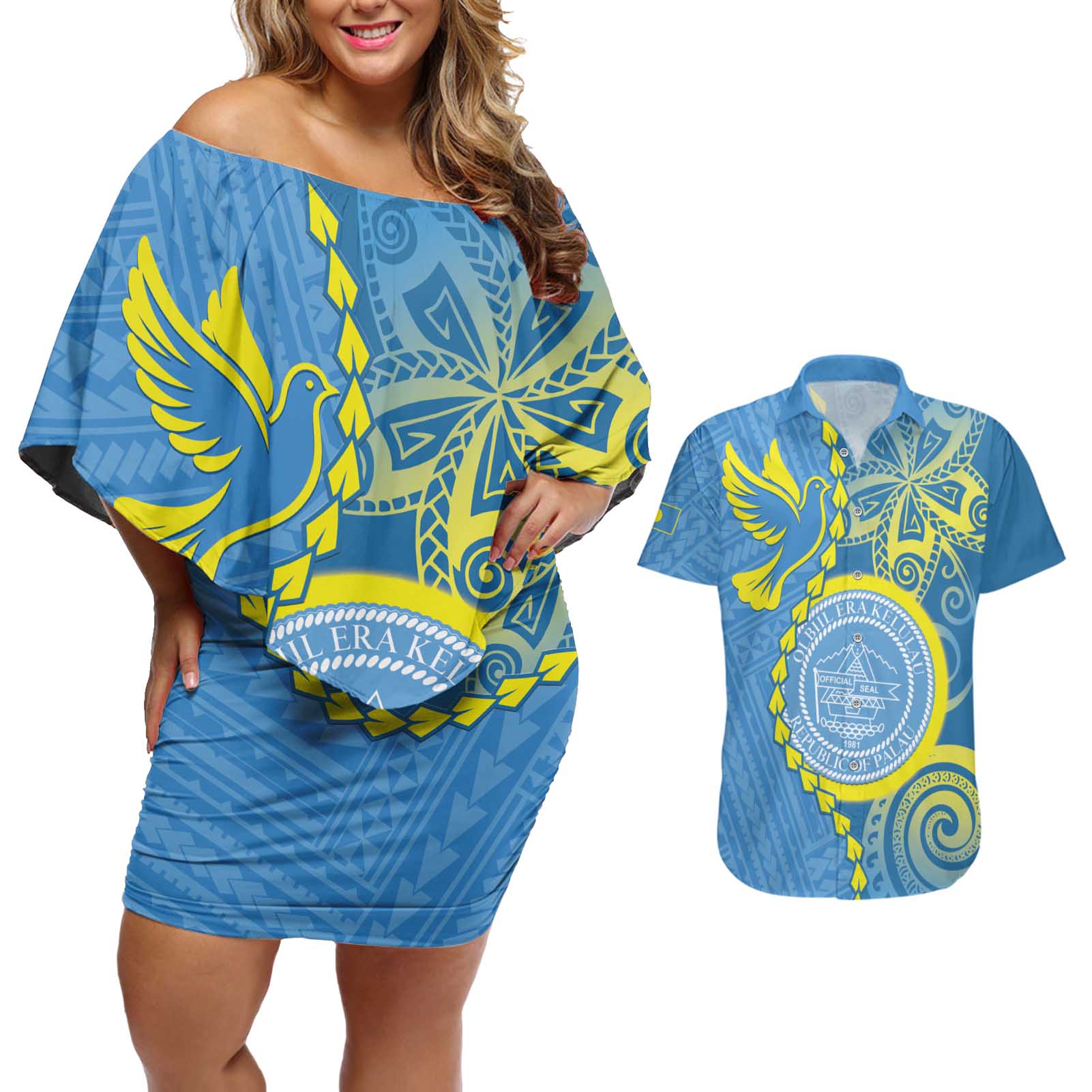 Personalised Palau Independence Day Couples Matching Off Shoulder Short Dress and Hawaiian Shirt Belau Coat Of Arms Polynesian Curve Style