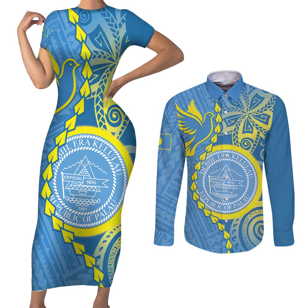 Personalised Palau Independence Day Couples Matching Short Sleeve Bodycon Dress and Long Sleeve Button Shirt Belau Coat Of Arms Polynesian Curve Style