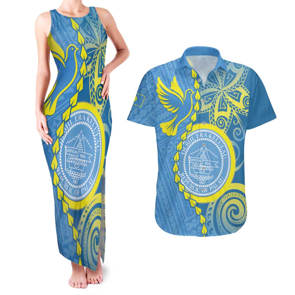 Personalised Palau Independence Day Couples Matching Tank Maxi Dress and Hawaiian Shirt Belau Coat Of Arms Polynesian Curve Style