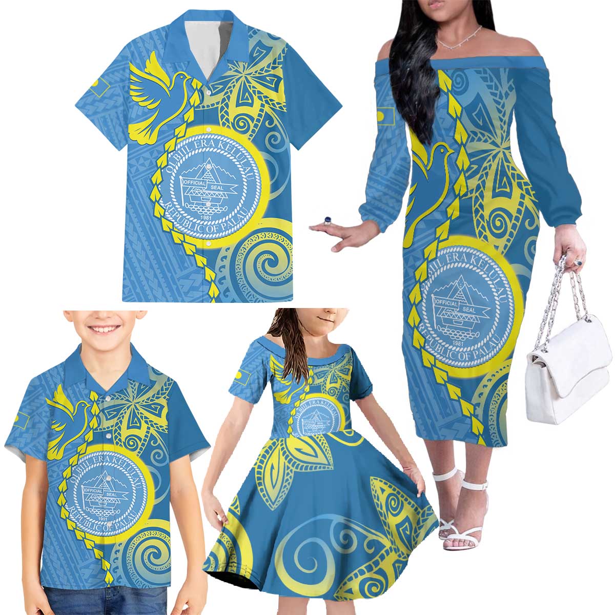 Personalised Palau Independence Day Family Matching Off The Shoulder Long Sleeve Dress and Hawaiian Shirt Belau Coat Of Arms Polynesian Curve Style