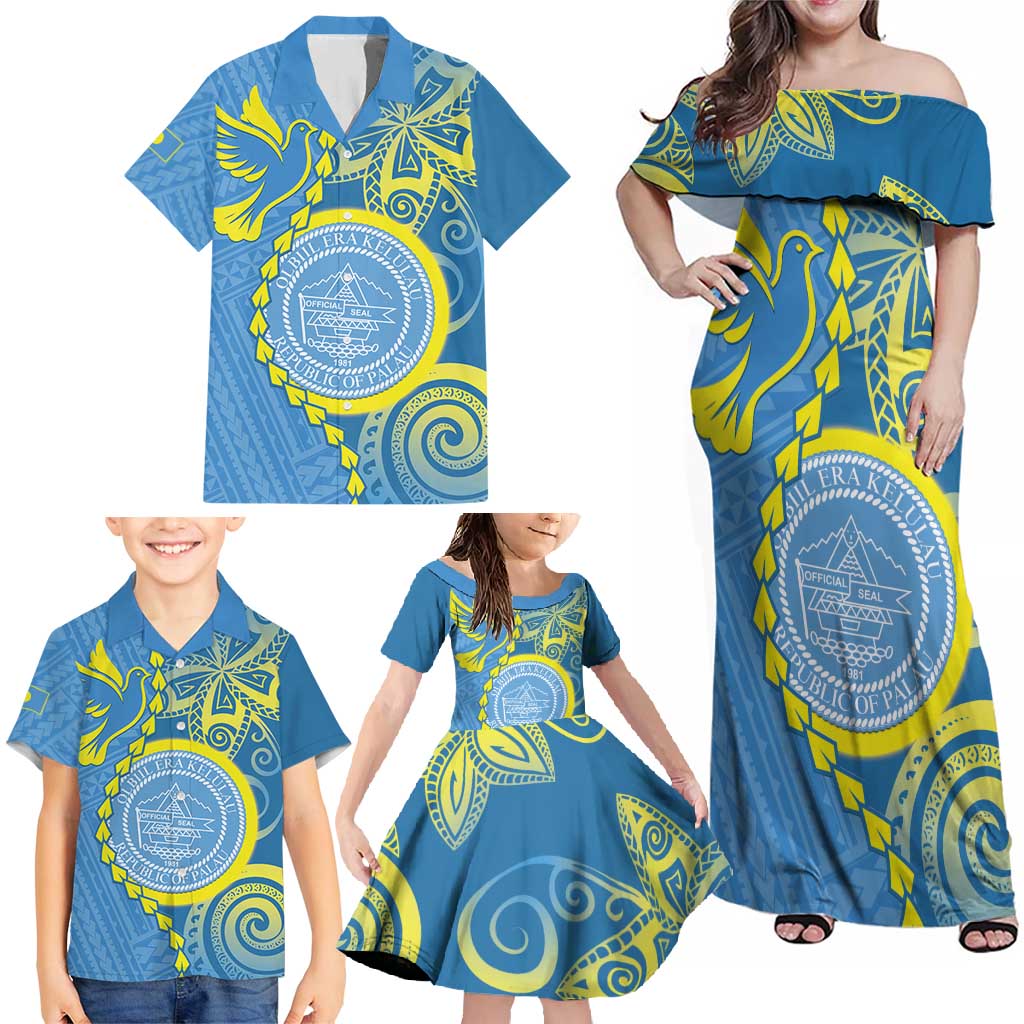 Personalised Palau Independence Day Family Matching Off Shoulder Maxi Dress and Hawaiian Shirt Belau Coat Of Arms Polynesian Curve Style