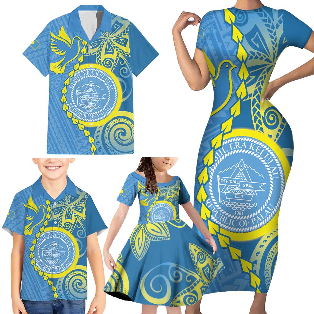 Personalised Palau Independence Day Family Matching Short Sleeve Bodycon Dress and Hawaiian Shirt Belau Coat Of Arms Polynesian Curve Style