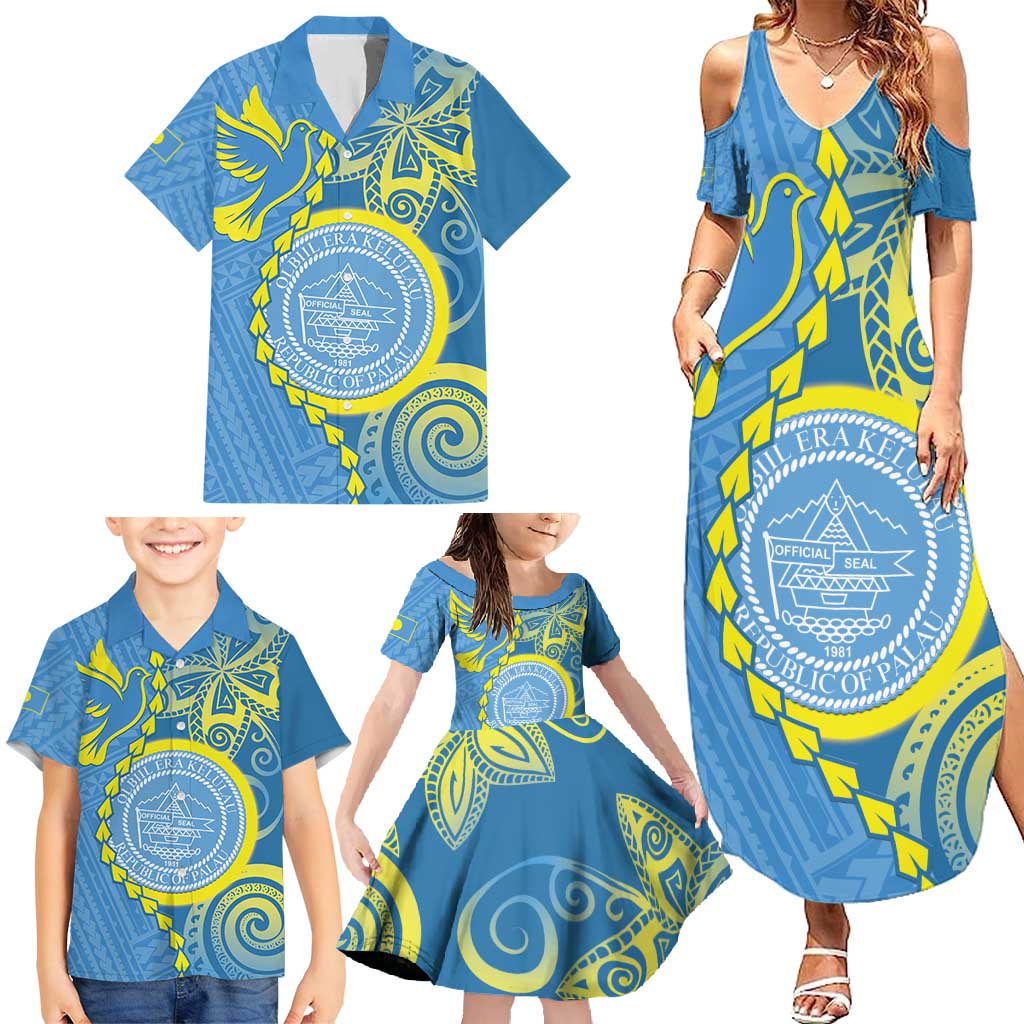 Personalised Palau Independence Day Family Matching Summer Maxi Dress and Hawaiian Shirt Belau Coat Of Arms Polynesian Curve Style