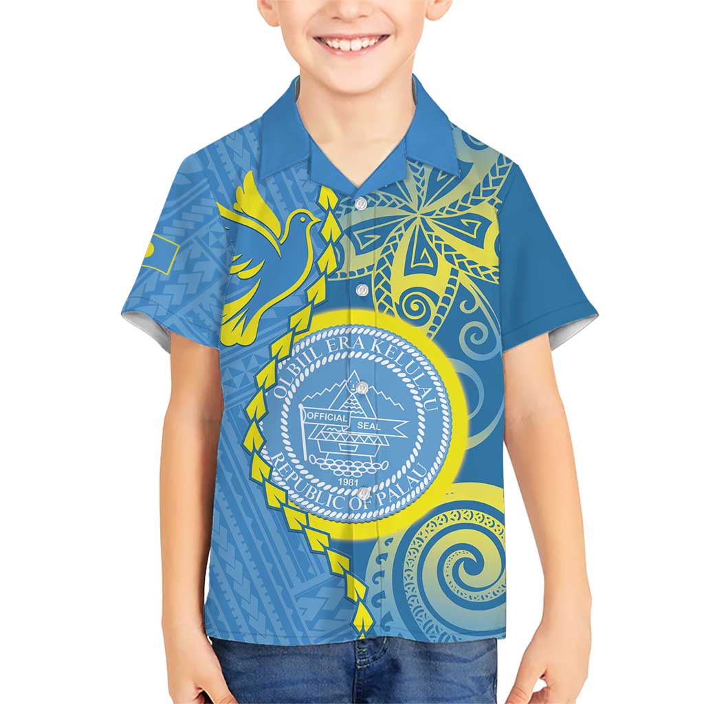 Personalised Palau Independence Day Kid Hawaiian Shirt Belau Coat Of Arms Polynesian Curve Style