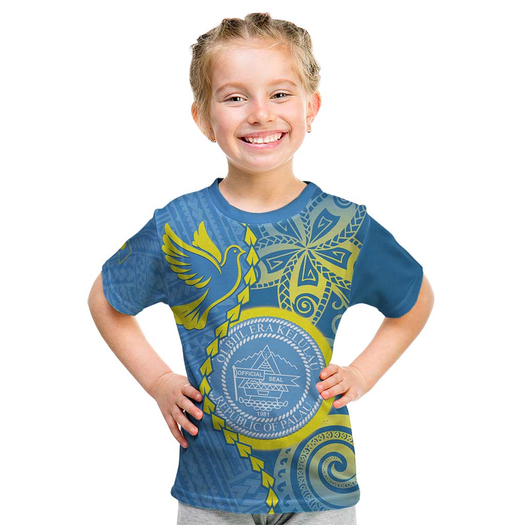 Personalised Palau Independence Day Kid T Shirt Belau Coat Of Arms Polynesian Curve Style