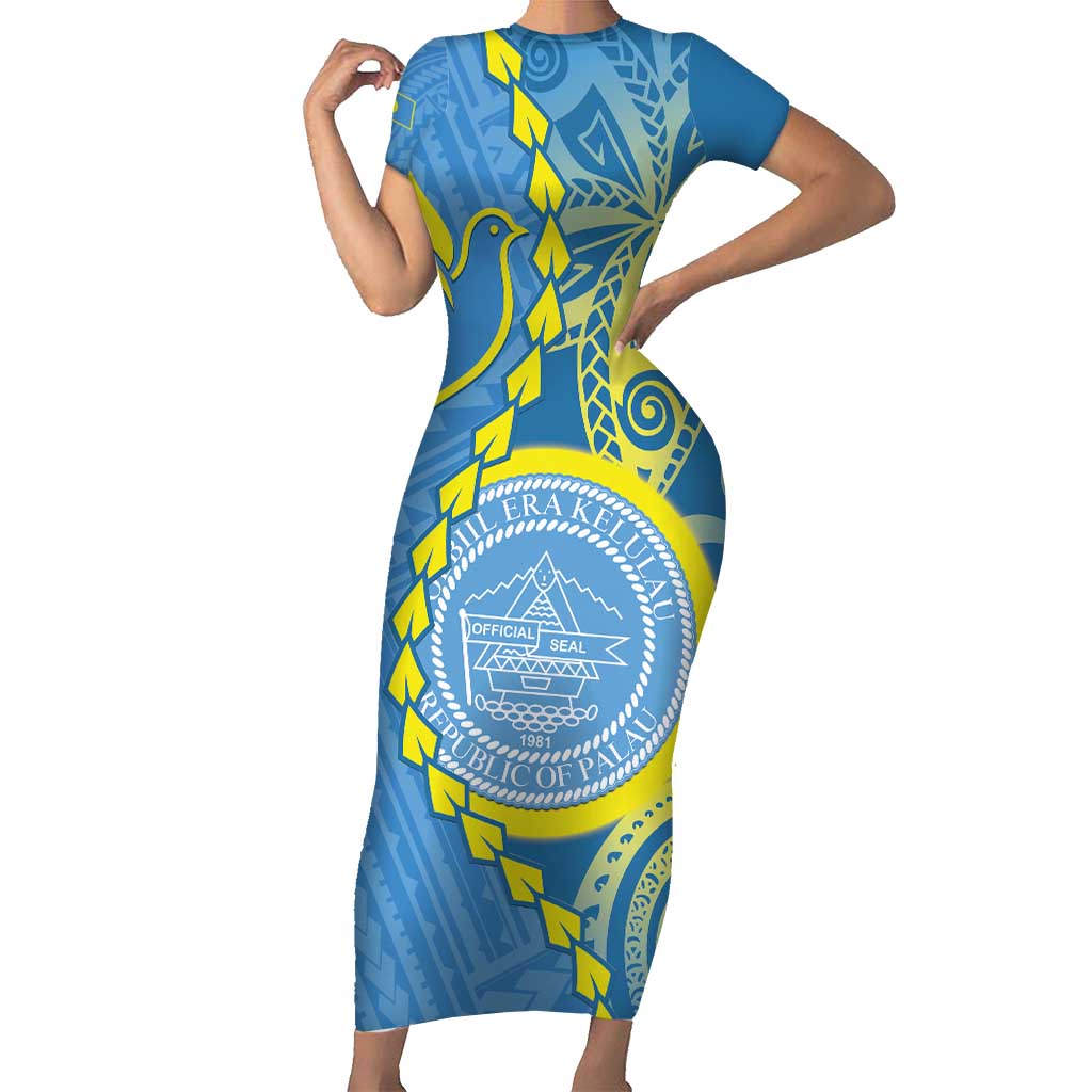 Personalised Palau Independence Day Short Sleeve Bodycon Dress Belau Coat Of Arms Polynesian Curve Style