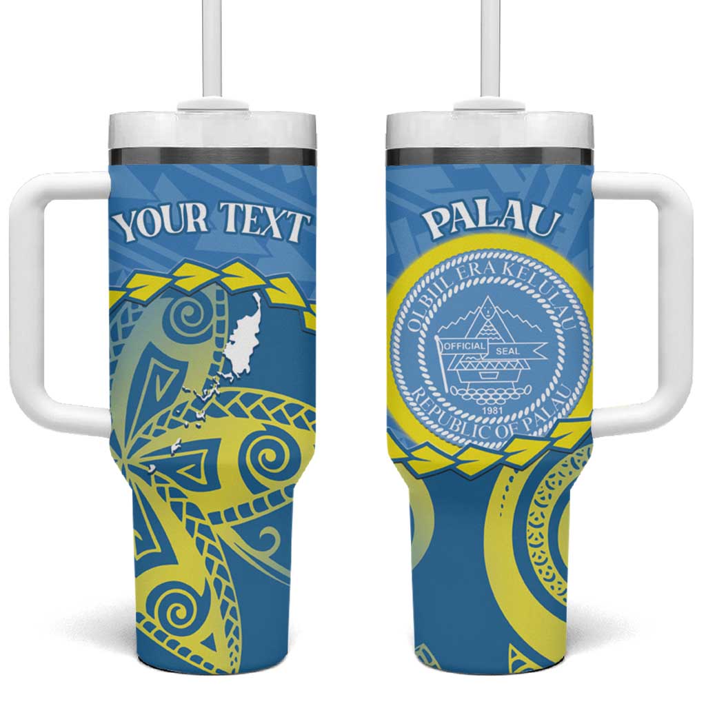 Personalised Palau Independence Day Tumbler With Handle Belau Coat Of Arms Polynesian Curve Style LT14 One Size: 40 oz Blue - Polynesian Pride