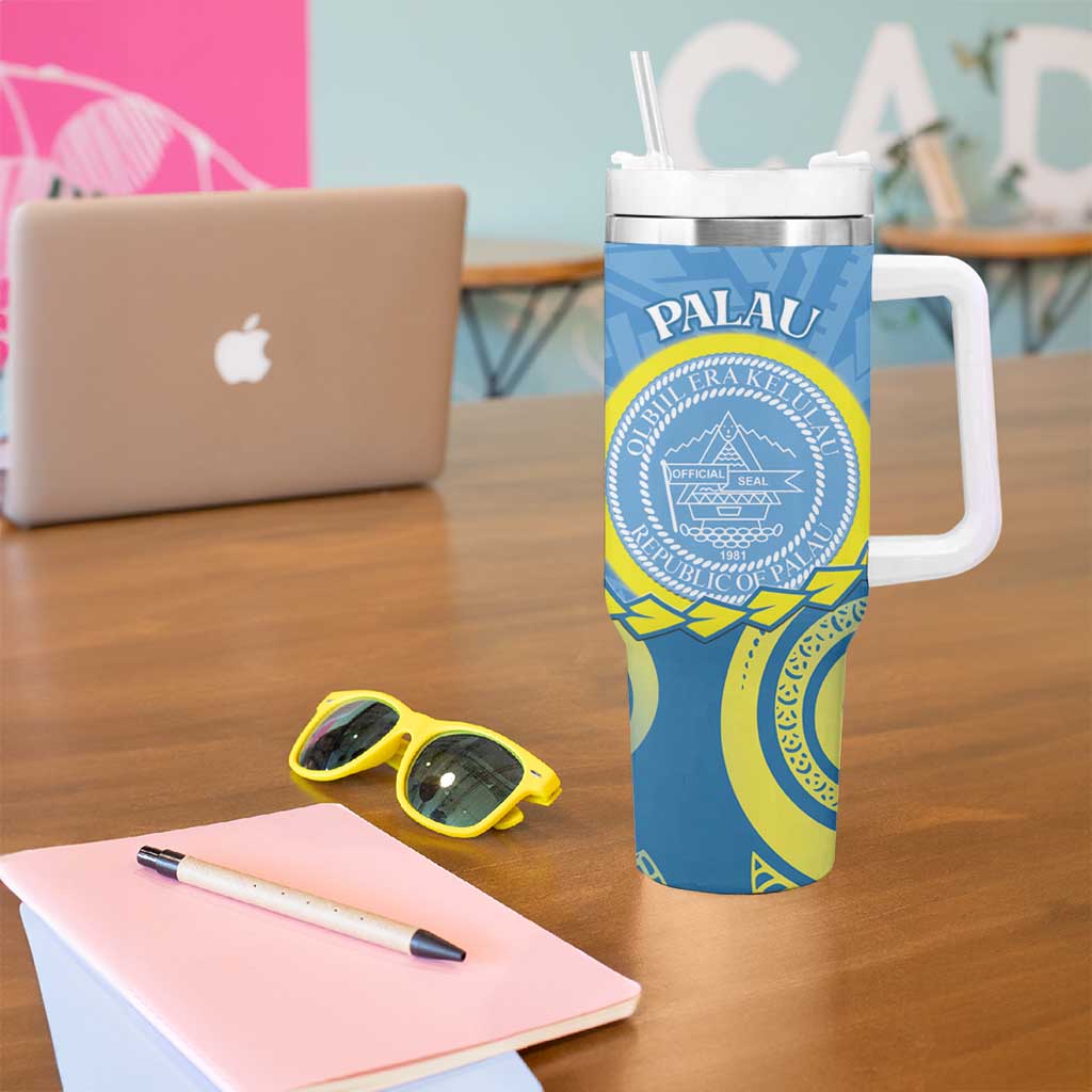 Personalised Palau Independence Day Tumbler With Handle Belau Coat Of Arms Polynesian Curve Style LT14 - Polynesian Pride