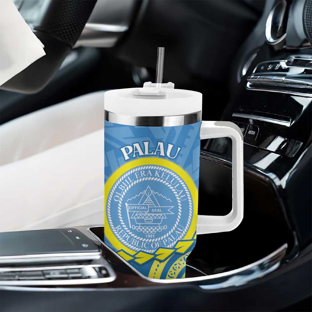 Personalised Palau Independence Day Tumbler With Handle Belau Coat Of Arms Polynesian Curve Style LT14 - Polynesian Pride