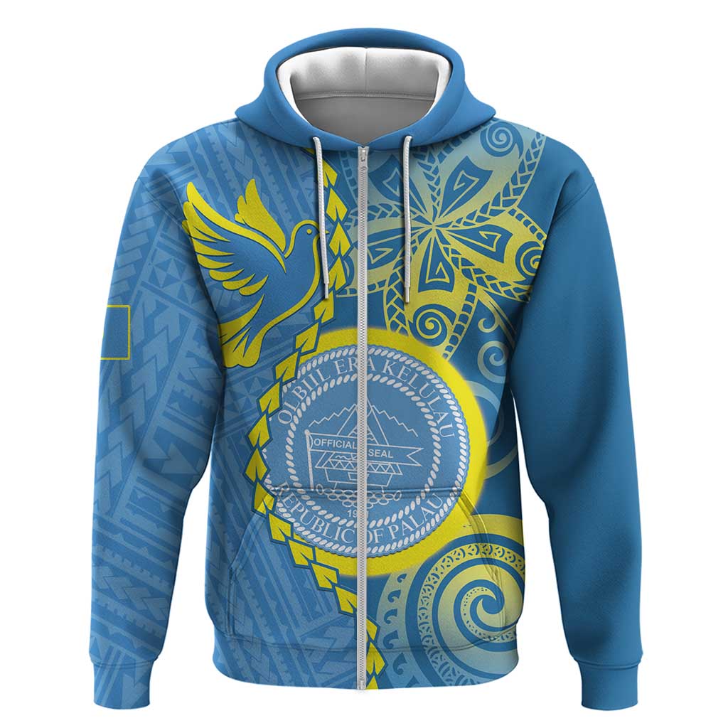 Personalised Palau Independence Day Zip Hoodie Belau Coat Of Arms Polynesian Curve Style