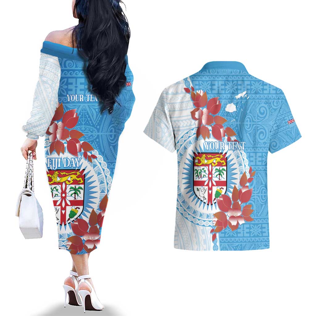 Personalised Fiji Day Couples Matching Off The Shoulder Long Sleeve Dress and Hawaiian Shirt Fijian Tapa Pattern Mix Tagimoucia - Blue Version