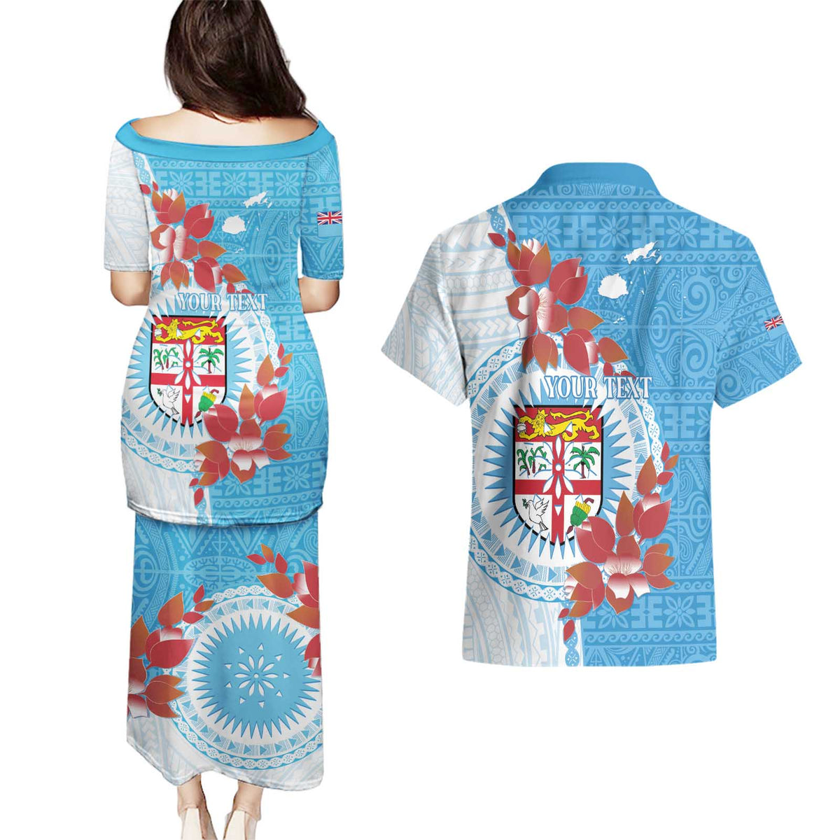 Personalised Fiji Day Couples Matching Puletasi and Hawaiian Shirt Fijian Tapa Pattern Mix Tagimoucia - Blue Version LT14 - Polynesian Pride
