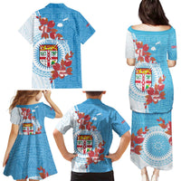 Personalised Fiji Day Family Matching Puletasi and Hawaiian Shirt Fijian Tapa Pattern Mix Tagimoucia - Blue Version