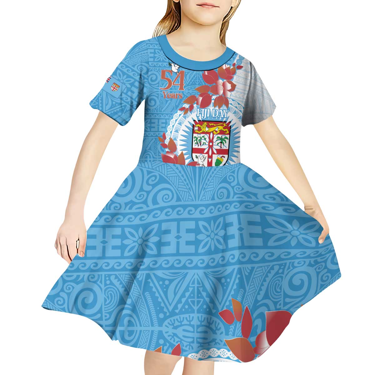 Personalised Fiji Day Kid Short Sleeve Dress Fijian Tapa Pattern Mix Tagimoucia - Blue Version LT14 - Polynesian Pride