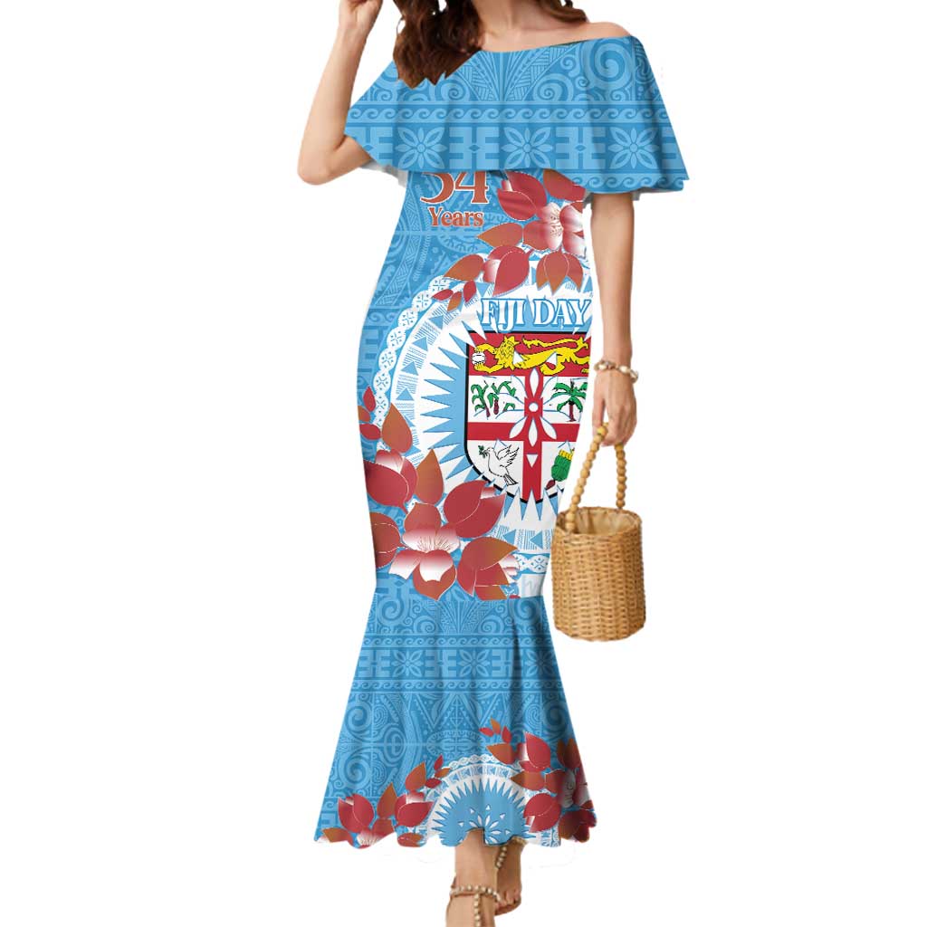 Personalised Fiji Day Mermaid Dress Fijian Tapa Pattern Mix Tagimoucia - Blue Version LT14 Women Blue - Polynesian Pride