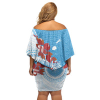 Personalised Fiji Day Off Shoulder Short Dress Fijian Tapa Pattern Mix Tagimoucia - Blue Version