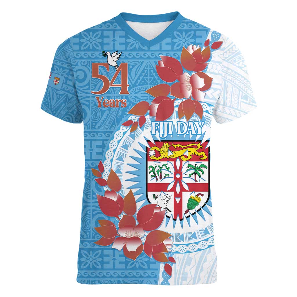 Personalised Fiji Day Women V-Neck T-Shirt Fijian Tapa Pattern Mix Tagimoucia - Blue Version LT14 Female Blue - Polynesian Pride