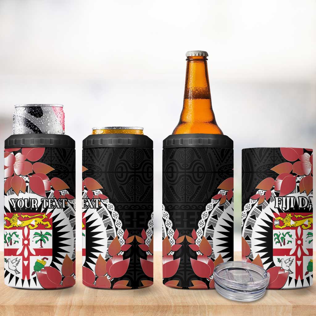 Personalised Fiji Day 4 in 1 Can Cooler Tumbler Fijian Tapa Pattern Mix Tagimoucia - Black Version