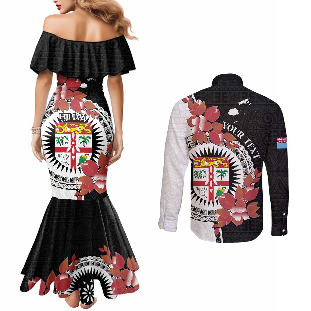 Personalised Fiji Day Couples Matching Mermaid Dress and Long Sleeve Button Shirt Fijian Tapa Pattern Mix Tagimoucia - Black Version
