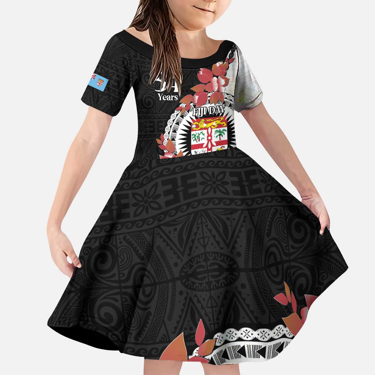 Personalised Fiji Day Kid Short Sleeve Dress Fijian Tapa Pattern Mix Tagimoucia - Black Version LT14 KID Black - Polynesian Pride