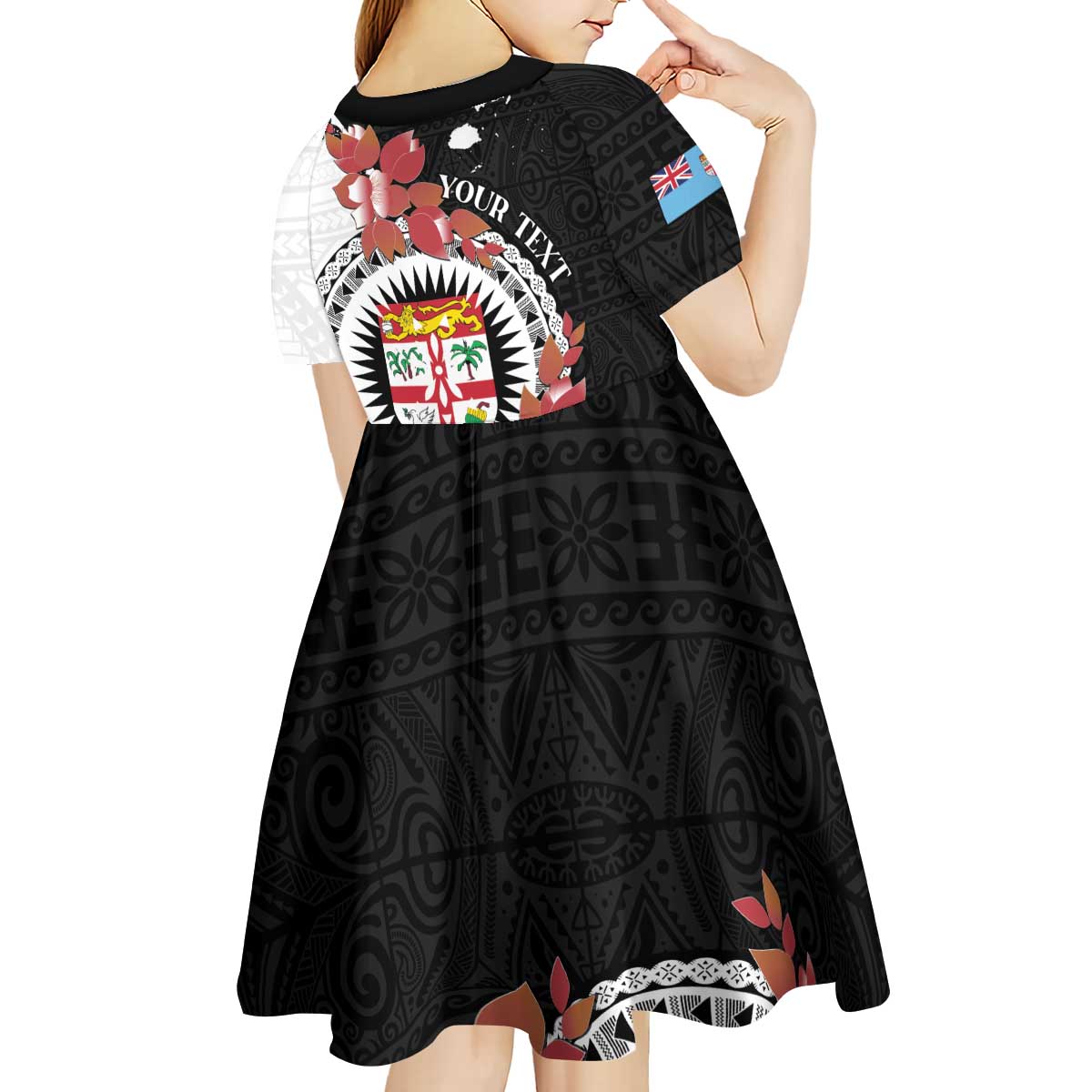 Personalised Fiji Day Kid Short Sleeve Dress Fijian Tapa Pattern Mix Tagimoucia - Black Version LT14 - Polynesian Pride