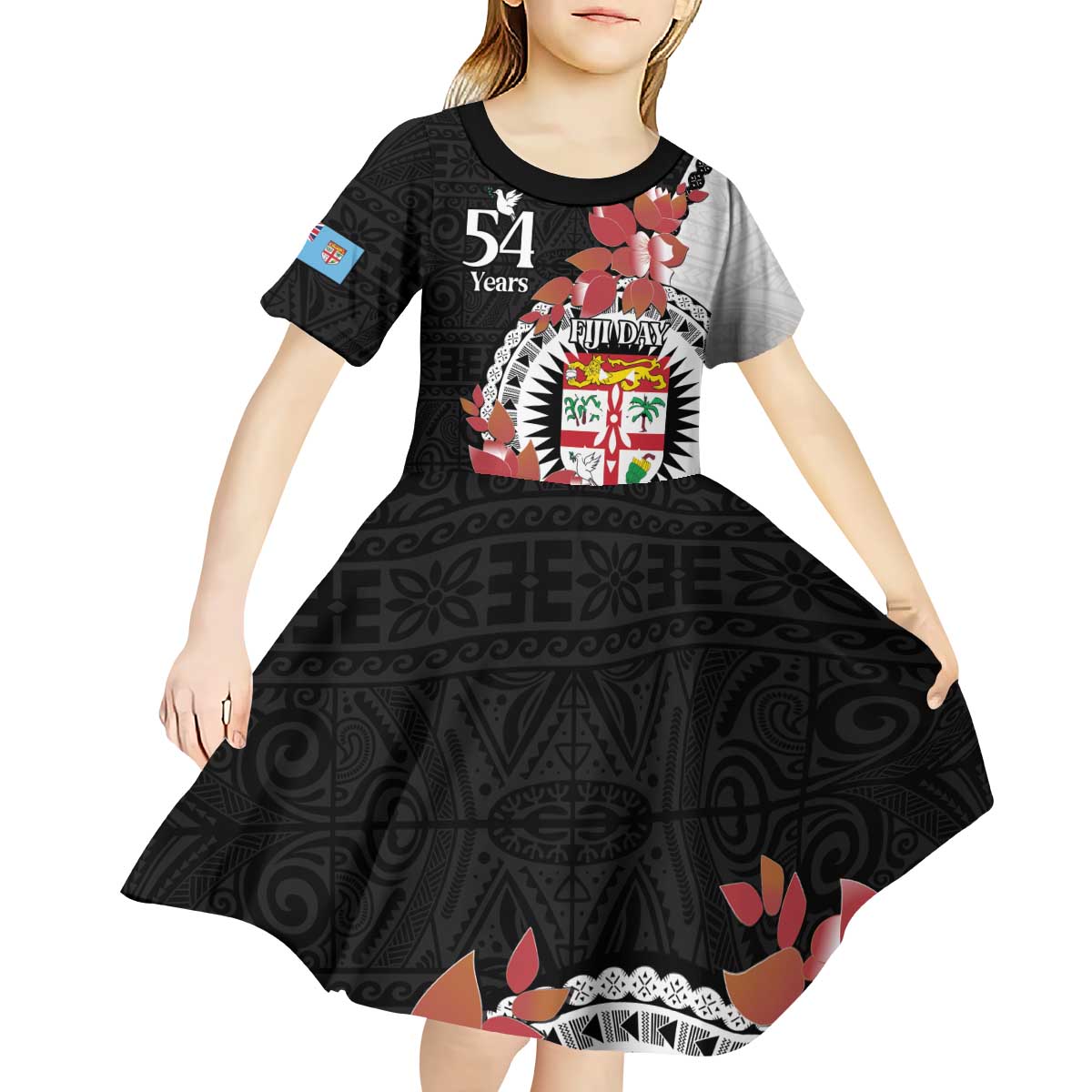 Personalised Fiji Day Kid Short Sleeve Dress Fijian Tapa Pattern Mix Tagimoucia - Black Version LT14 - Polynesian Pride