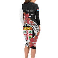 Personalised Fiji Day Long Sleeve Bodycon Dress Fijian Tapa Pattern Mix Tagimoucia - Black Version