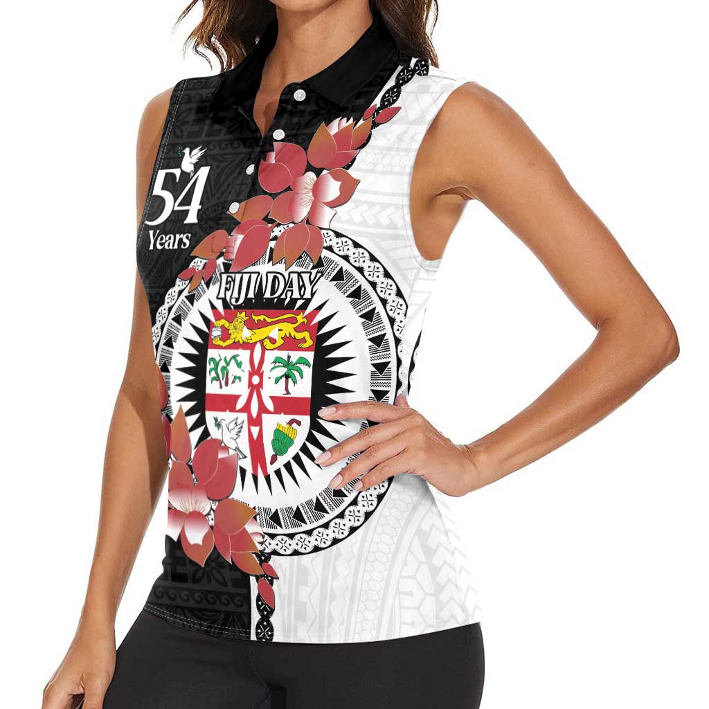 Personalised Fiji Day Women Sleeveless Polo Shirt Fijian Tapa Pattern Mix Tagimoucia - Black Version LT14 - Polynesian Pride